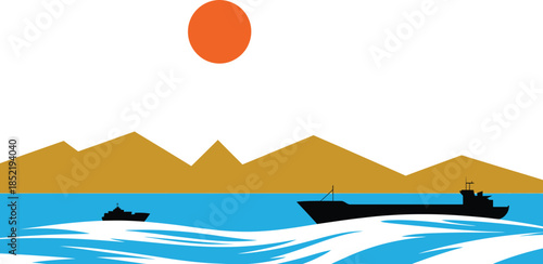 Minimalist illustration of ships sailing across the vast ocean with a sunlit mountain horizon