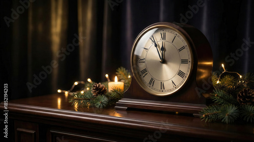 Vintage mantel clock with warm holiday decoration