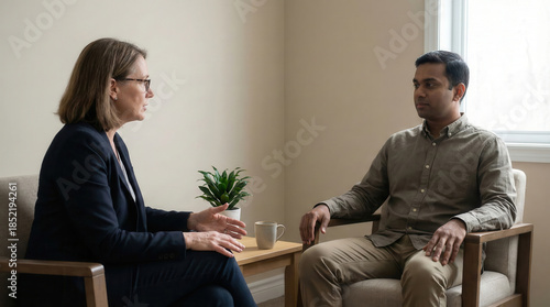 Therapist speaking with client in calm counseling room