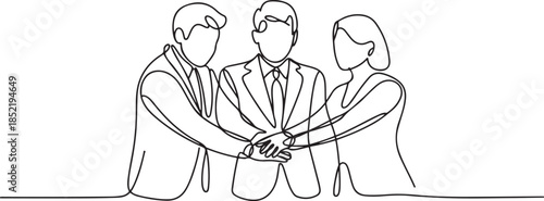 One continuous line drawing group of young male and female business people unite their hands, one line Art icon drawing