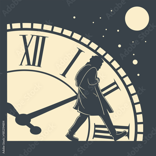 A silhouette of a man walking across a giant clock face at night