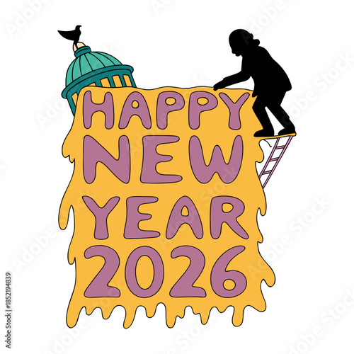 Happy new year 2026 greeting with a silhouette and dome
