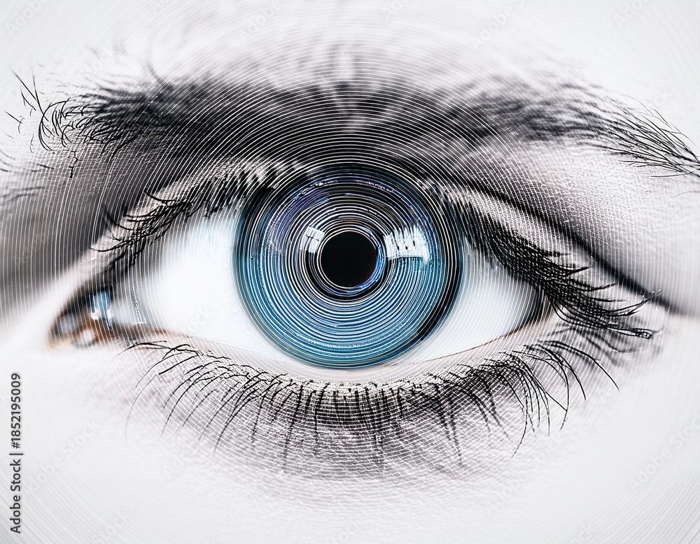 Obraz premium AI eye with concentric data rings, white background.