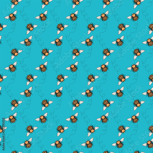 Seamless pattern with bees. Small wasp. Vector illustration. Design for invitation, cards, textile, fabric. Doodle style.