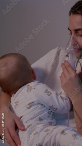 Mother gently cares for her baby during inhalation therapy, showcasing a warm home atmosphere, with a gradual zoom in on their intimate moment of connection