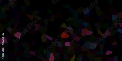 Dark Abstract Mosaic of Scattered Polygonal Shapes in Deep Jewel Tones of Blue, Purple, Red, and Green on a Black Background for Moody Visuals