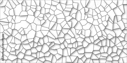 Black and white geometric cell structure pattern with sharp lines and subtle drop shadows on a clean white background