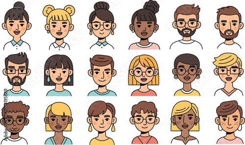 Diverse group of people with different hairstyles and expressions