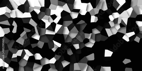 Dynamic abstract mosaic of sharp geometric polygons in grayscale with high contrast creating a bold and energetic visual texture for digital art and design