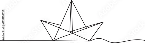  Origami ship concept for success leadership of business in simple linear style. one line Art icon drawing