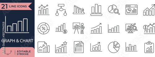 Business graph and chart line icons for data analytics. Features editable stroke infographics for reports and growth.

