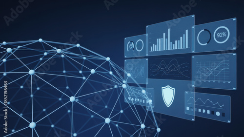 Abstract digital network globe connected to interactive data analytics dashboards, illustrating global technology, security, and data insights