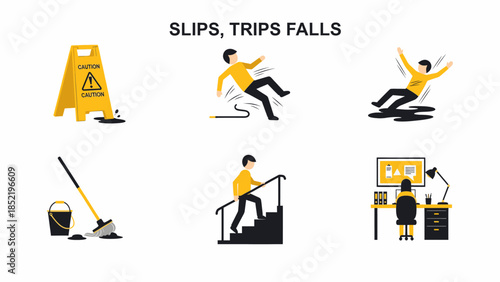 Illustration of common workplace hazards and safety precautions to prevent slips, trips, and falls
