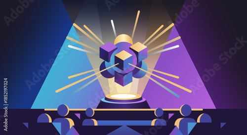 Futuristic Technology Innovation Concept Vector Illustration with Abstract Geometric Core, Light Beams and Audience – Modern AI, Digital Transformation and Tech Presentation Design