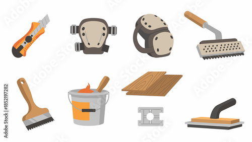 Comprehensive set of home renovation and DIY tools for flooring installation, painting, and general construction projects