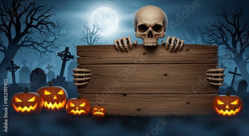 Spooky Halloween Skull Holding Empty Wooden Sign in Graveyard with Pumpkins Represents Horror Party Invitation, Trick or Treat Banner, and Scary Announcement Mockup
