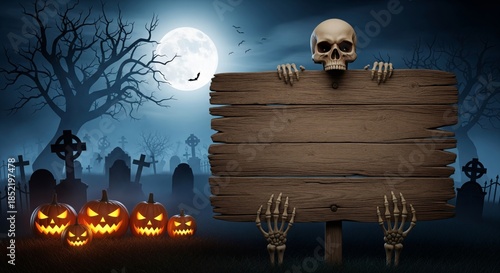 Spooky Halloween Skull Holding Empty Wooden Sign in Graveyard with Pumpkins Represents Horror Party Invitation, Trick or Treat Banner, and Scary Announcement Mockup
