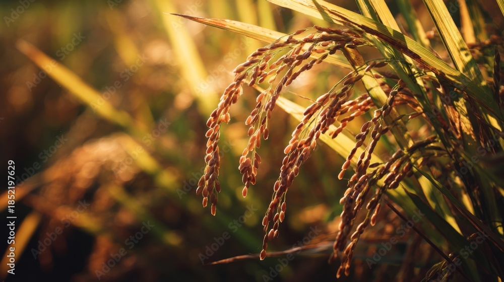 Obraz premium Close-up View of Ripe Rice Grains Hanging from the Stalks in a Golden Field during Sunset in Rural Agriculture Landscape