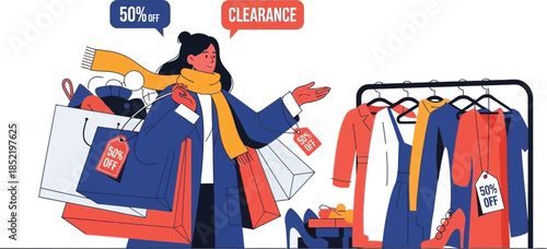 Online shopping comparison illustration showing price tags clothing choices and smart consumer decision making concept