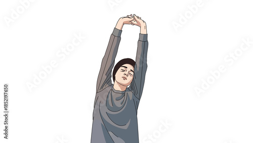 Woman stretching arms upward representing healthy routine fitness warm up flexibility and daily wellness habit
