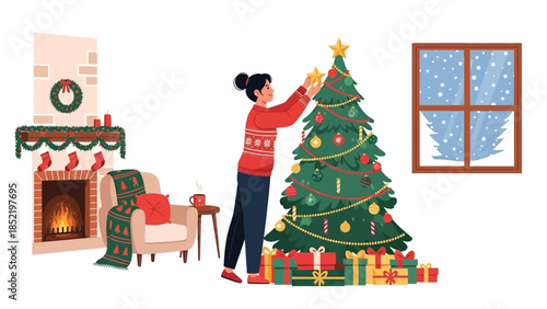 Family decorating christmas tree at home representing festive preparation holiday joy and warm seasonal celebration