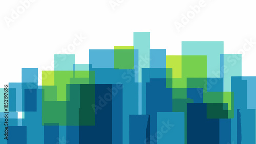 Abstract Blue and Green Geometric Shapes Forming a Cityscape Skyline with White Background