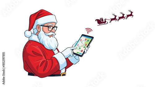 Santa claus using digital tablet representing modern christmas technology online shopping and festive communication concept