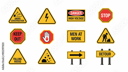 Collection of Warning and Informational Road and Construction Signs, Vector Graphics