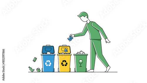 Man sorting garbage into recycling bins representing environmental protection sustainability and waste management concept
