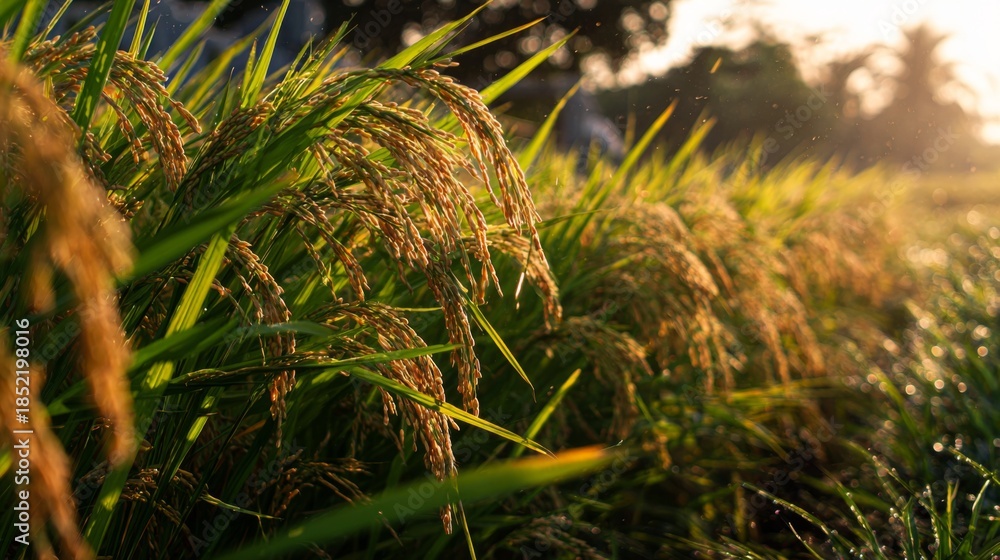 Obraz premium Golden Rice Crops Under Soft Morning Light with Dew Droplets in a Peaceful Rural Landscape