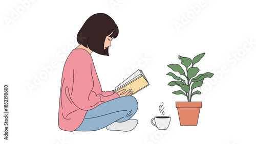 Woman reading book beside plant representing calm lifestyle mindfulness learning and peaceful home environment