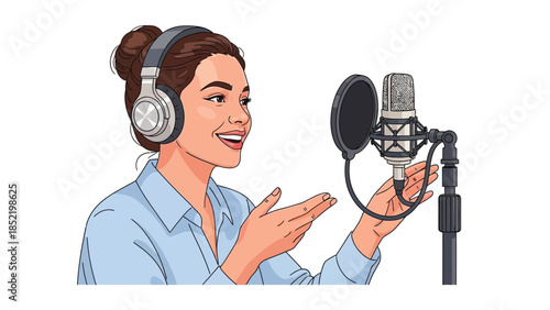 Woman recording podcast with microphone representing audio content creation communication and digital media career