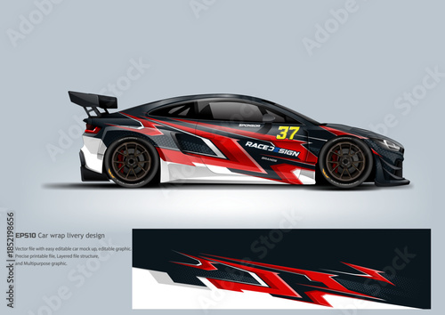A dynamic red and black GT racing wrap with sharp graphic motion expressing speed, power, and competition.