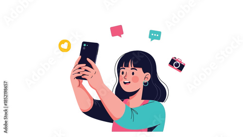 Woman taking selfie with smartphone representing social media expression digital lifestyle and modern communication concept
