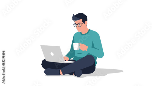 Man working on laptop while sitting casually representing remote work comfort digital lifestyle and productivity concept