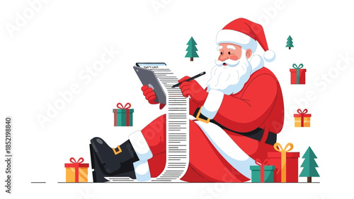 Santa claus reading long list representing christmas planning gift preparation and festive holiday organization concept