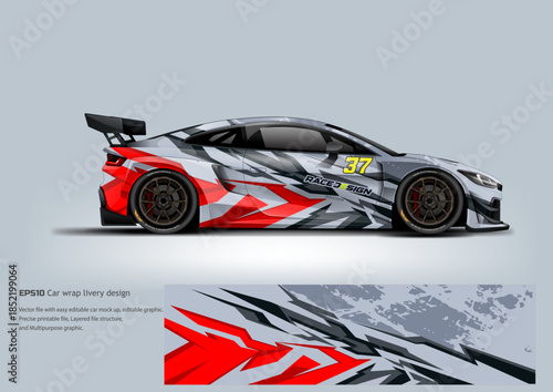 A white racing wrap with red diagonal graphics that emphasize speed, motion, and competitive energy.