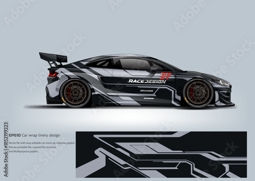 A minimalist black and grey GT racing wrap delivering a sleek, stealthy, and professional motorsport look.