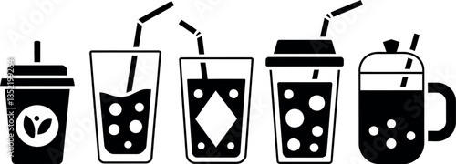 black and white illustrations of various cold drinks with straws and bubbles