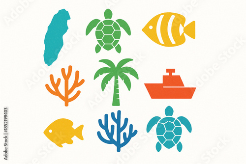 San Andres Island Icon Set with Sea Turtles, Coral and Tropical Marine Life