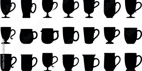 Black silhouettes of various cups on white background