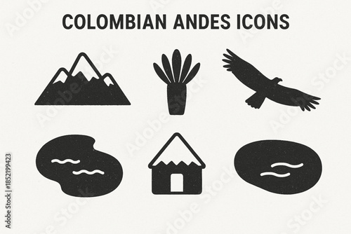 Colombian Andes Icon Set with Nevado Peaks, Frailejón and Condor in Geometric