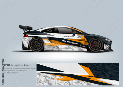 A sharp white racing wrap accented with orange and black racing lines for a modern and energetic motorsport appearance.