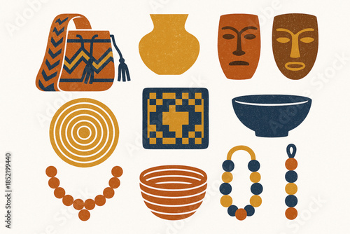 Colombian Artisan Craft Icon Set with Wayuu Mochila, Pottery and Traditional Handicrafts