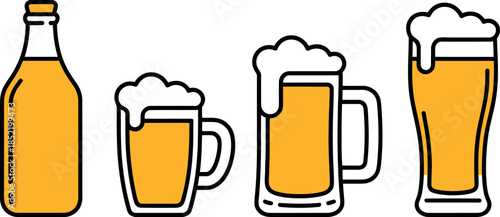 Cartoon beer bottle and glasses with froth on white background