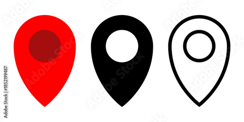 Map pin icon set. A set of location icons in minimalist flat color style, black and white outlines. Ideal for use in maps, apps, and web designs.