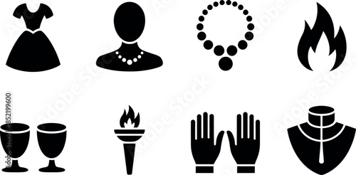 Collection of silhouette icons representing jewelry fire and hands