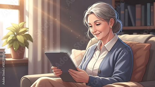 A smiling senior woman uses a digital tablet while relaxing in an armchair at home. An elderly person enjoying modern technology for online learning and communication during retirement.
