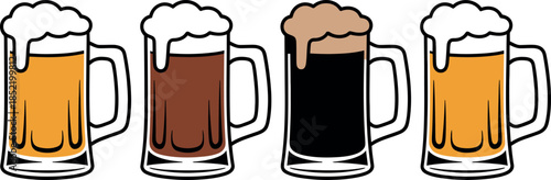 four different colored beers in mugs with handles and foam