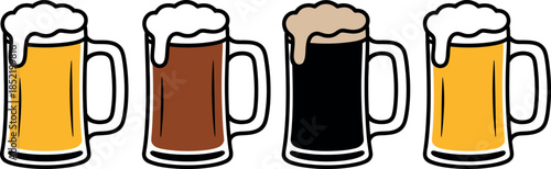 four different colored beers in mugs with foam on top